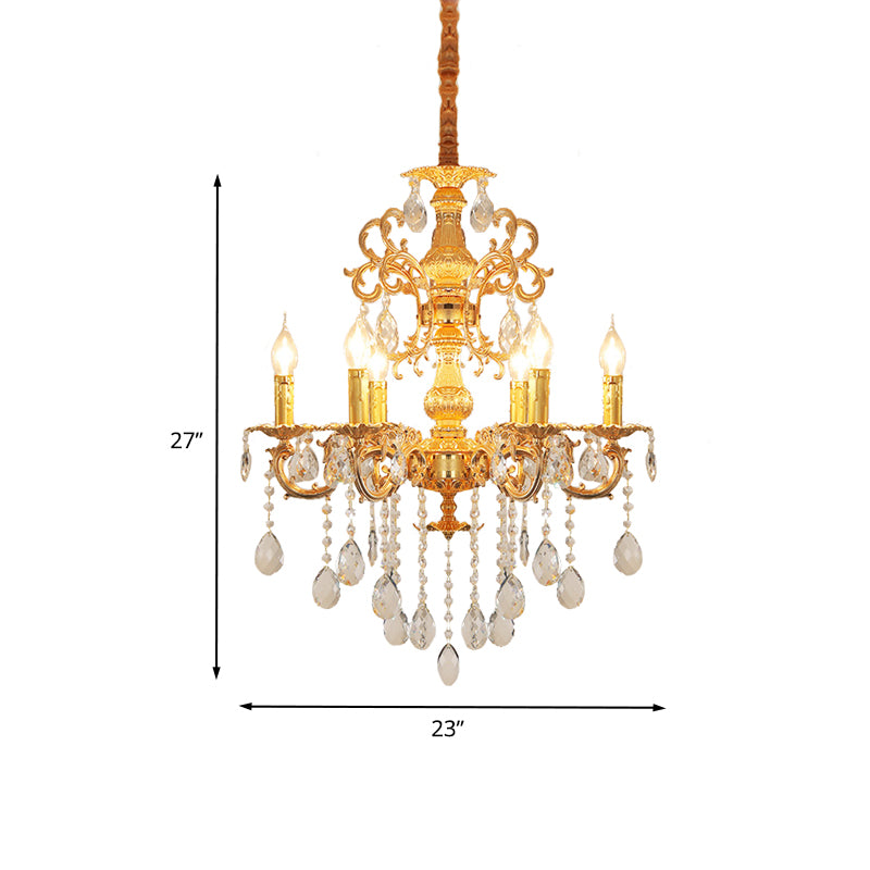 Metal Candlestick Chandelier Lighting Vintage 6 Heads Living Room Suspension Light in Gold with Crystal Drop Clearhalo 'Ceiling Lights' 'Chandeliers' Lighting' options 736851