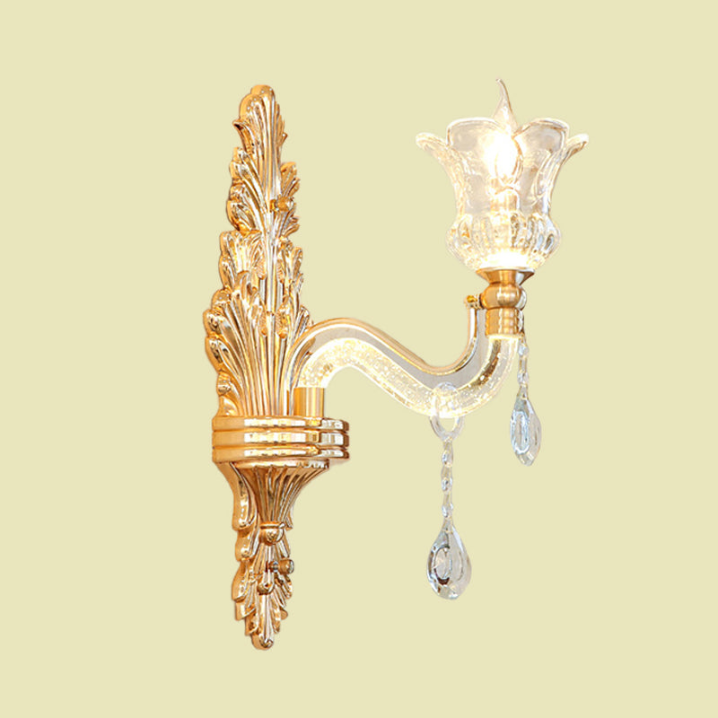 Clear Glass Gold Sconce Light Flower 1/2-Bulb Traditional Wall Mounted Lamp with Bubble Crystal Luminous Arm Clearhalo 'Wall Lamps & Sconces' 'Wall Lights' Lighting' 736854