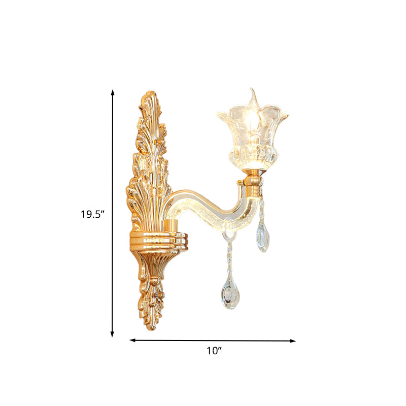 Clear Glass Gold Sconce Light Flower 1/2-Bulb Traditional Wall Mounted Lamp with Bubble Crystal Luminous Arm Clearhalo 'Wall Lamps & Sconces' 'Wall Lights' Lighting' 736855