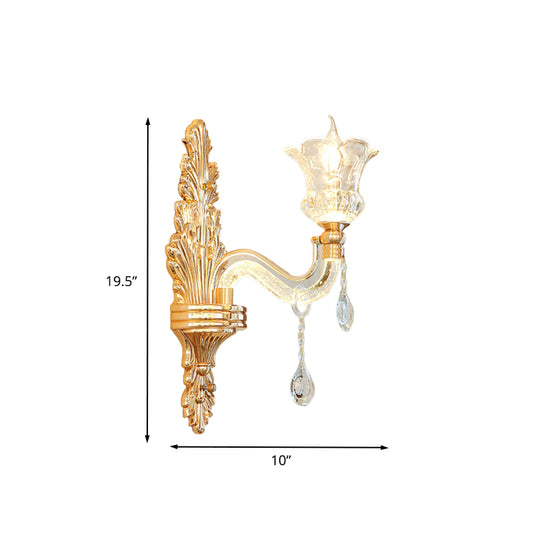 Clear Glass Gold Sconce Light Flower 1/2-Bulb Traditional Wall Mounted Lamp with Bubble Crystal Luminous Arm Clearhalo 'Wall Lamps & Sconces' 'Wall Lights' Lighting' 736855