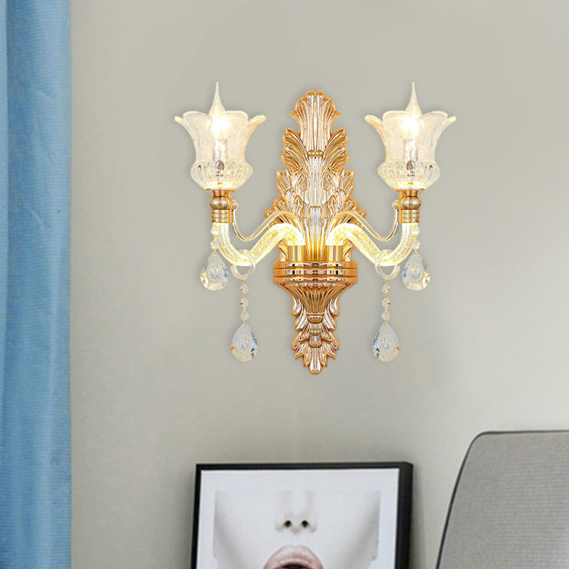 Clear Glass Gold Sconce Light Flower 1/2-Bulb Traditional Wall Mounted Lamp with Bubble Crystal Luminous Arm Clearhalo 'Wall Lamps & Sconces' 'Wall Lights' Lighting' 736857