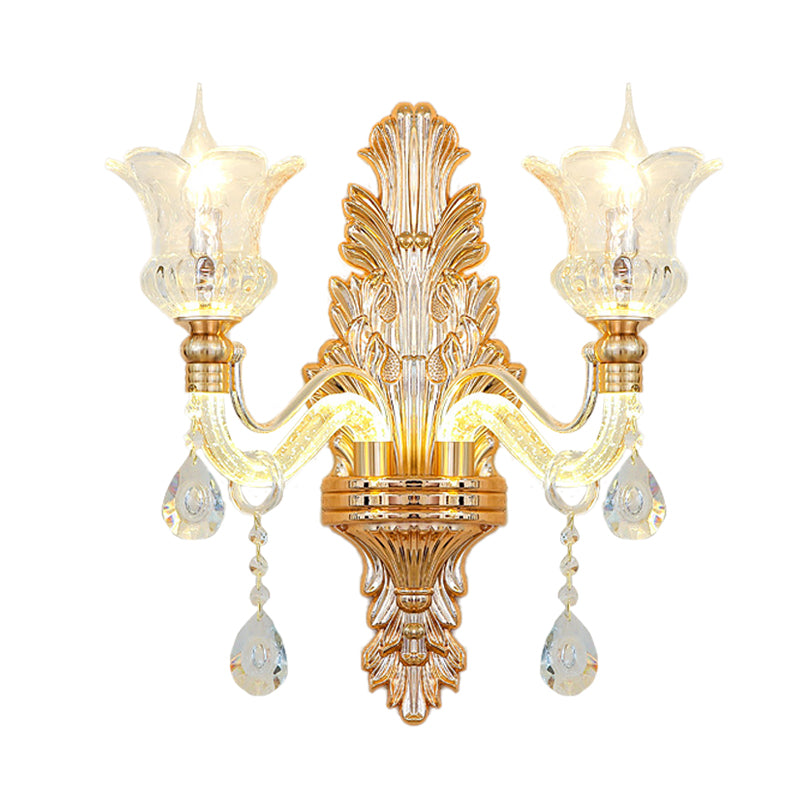 Clear Glass Gold Sconce Light Flower 1/2-Bulb Traditional Wall Mounted Lamp with Bubble Crystal Luminous Arm Clearhalo 'Wall Lamps & Sconces' 'Wall Lights' Lighting' 736858