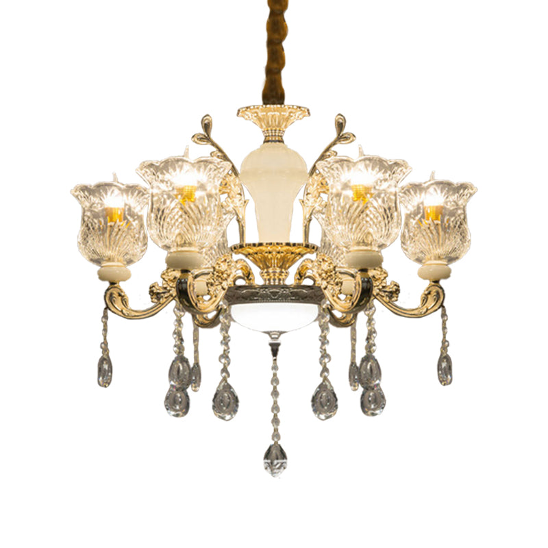 Antique Floral Pendant Chandelier 6 Lights Clear Glass Ceiling Hang Fixture in Gold with Dangling Crystal Clearhalo 'Ceiling Lights' 'Chandeliers' Lighting' options 736861