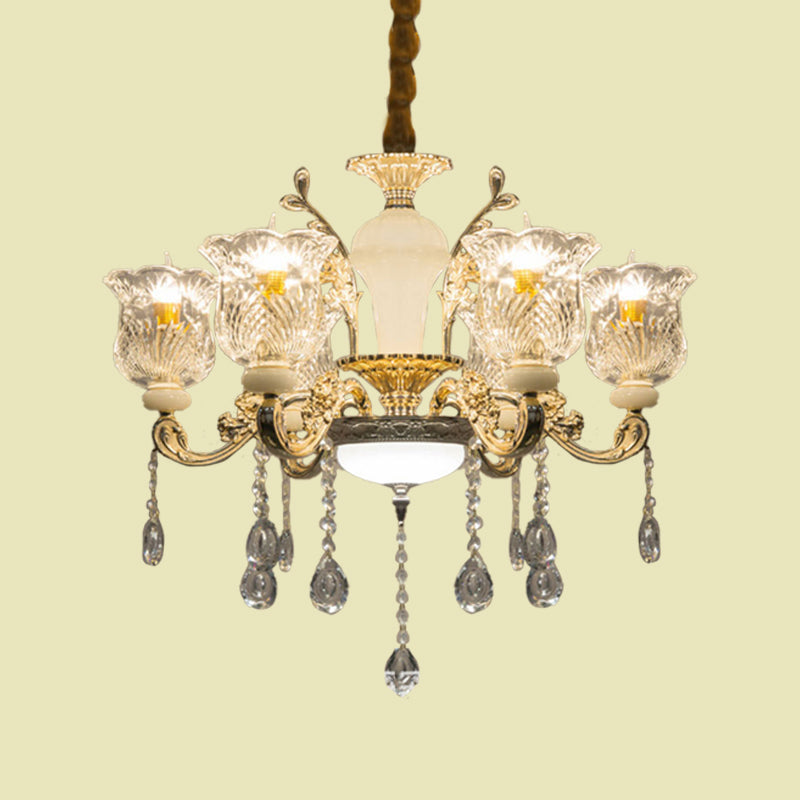 Antique Floral Pendant Chandelier 6 Lights Clear Glass Ceiling Hang Fixture in Gold with Dangling Crystal Clearhalo 'Ceiling Lights' 'Chandeliers' Lighting' options 736862