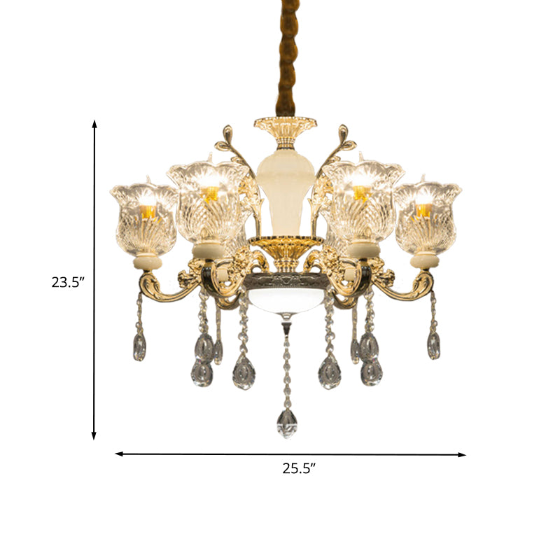 Antique Floral Pendant Chandelier 6 Lights Clear Glass Ceiling Hang Fixture in Gold with Dangling Crystal Clearhalo 'Ceiling Lights' 'Chandeliers' Lighting' options 736863