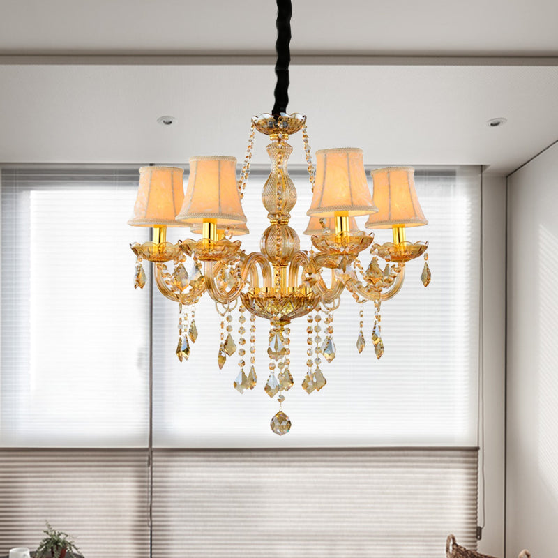 Retro Candle/Bell Chandelier Light 6 Bulbs Amber Beveled Crystal Pendant Lamp in Gold with/without Fabric Shade Clearhalo 'Ceiling Lights' 'Chandeliers' Lighting' options 736864