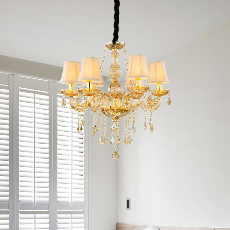 Retro Candle/Bell Chandelier Light 6 Bulbs Amber Beveled Crystal Pendant Lamp in Gold with/without Fabric Shade Clearhalo 'Ceiling Lights' 'Chandeliers' Lighting' options 736865