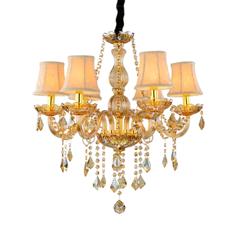 Retro Candle/Bell Chandelier Light 6 Bulbs Amber Beveled Crystal Pendant Lamp in Gold with/without Fabric Shade Clearhalo 'Ceiling Lights' 'Chandeliers' Lighting' options 736866