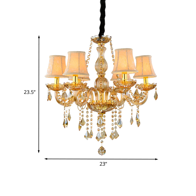 Retro Candle/Bell Chandelier Light 6 Bulbs Amber Beveled Crystal Pendant Lamp in Gold with/without Fabric Shade Clearhalo 'Ceiling Lights' 'Chandeliers' Lighting' options 736867