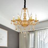 Retro Candle/Bell Chandelier Light 6 Bulbs Amber Beveled Crystal Pendant Lamp in Gold with/without Fabric Shade Clearhalo 'Ceiling Lights' 'Chandeliers' Lighting' options 736868