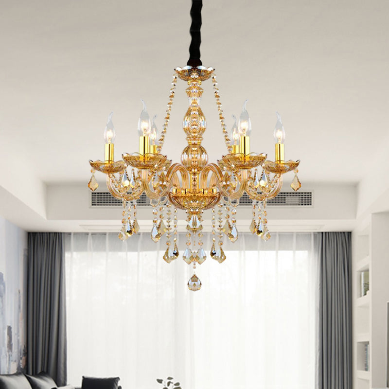 Retro Candle/Bell Chandelier Light 6 Bulbs Amber Beveled Crystal Pendant Lamp in Gold with/without Fabric Shade Clearhalo 'Ceiling Lights' 'Chandeliers' Lighting' options 736869