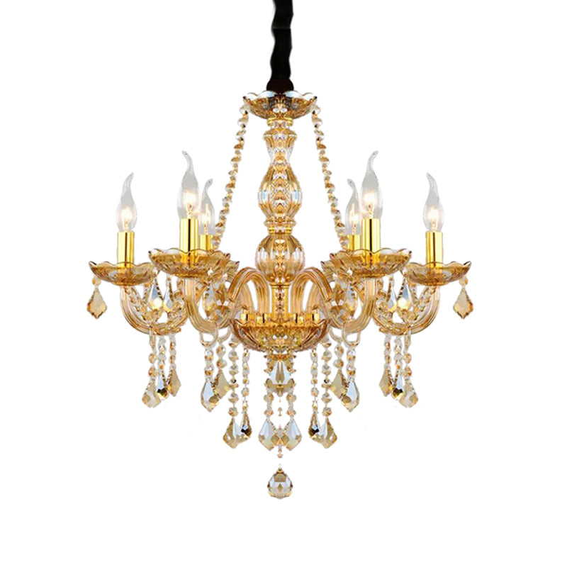 Retro Candle/Bell Chandelier Light 6 Bulbs Amber Beveled Crystal Pendant Lamp in Gold with/without Fabric Shade Clearhalo 'Ceiling Lights' 'Chandeliers' Lighting' options 736870