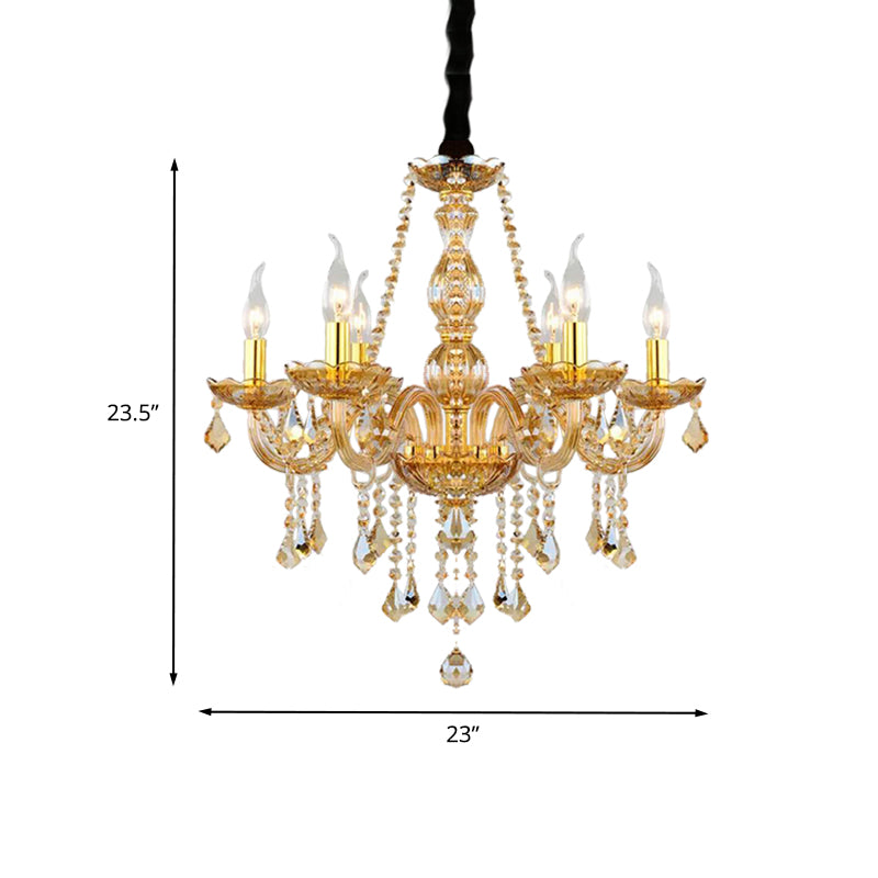 Retro Candle/Bell Chandelier Light 6 Bulbs Amber Beveled Crystal Pendant Lamp in Gold with/without Fabric Shade Clearhalo 'Ceiling Lights' 'Chandeliers' Lighting' options 736871