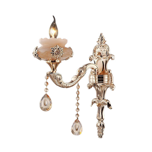 1/2-Head K9 Crystal Sconce Lamp Traditional Gold Candle Corridor Wall Lighting Fixture with Jade Saucer Clearhalo 'Wall Lamps & Sconces' 'Wall Lights' Lighting' 736873