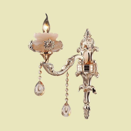 1/2-Head K9 Crystal Sconce Lamp Traditional Gold Candle Corridor Wall Lighting Fixture with Jade Saucer Clearhalo 'Wall Lamps & Sconces' 'Wall Lights' Lighting' 736874