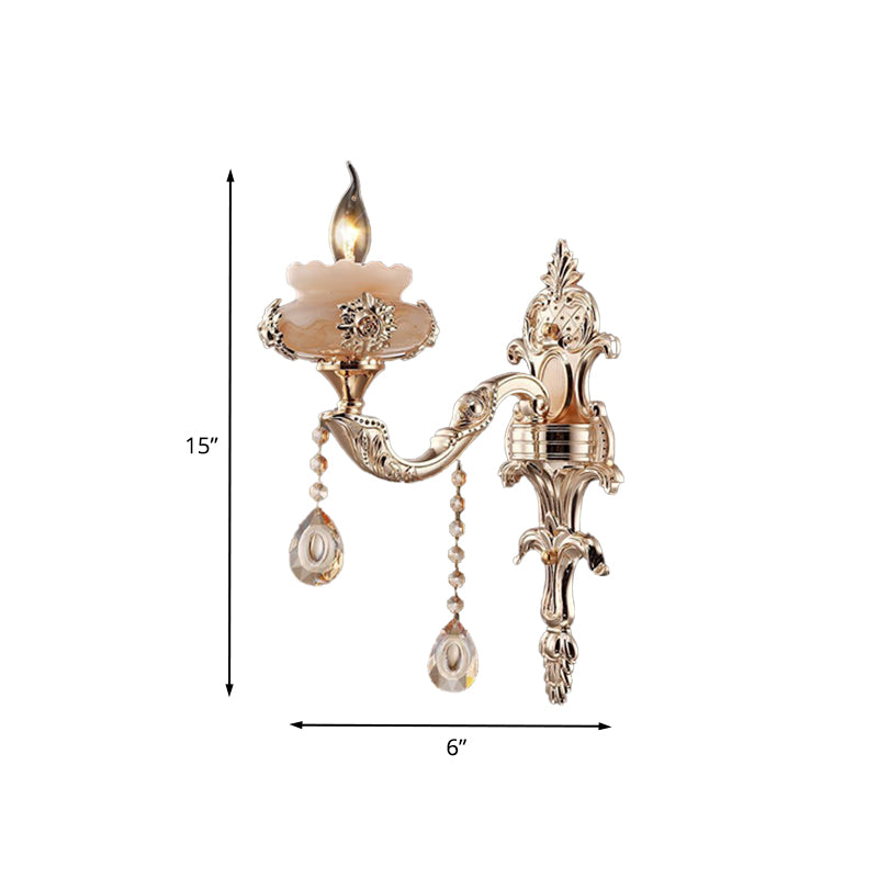 1/2-Head K9 Crystal Sconce Lamp Traditional Gold Candle Corridor Wall Lighting Fixture with Jade Saucer Clearhalo 'Wall Lamps & Sconces' 'Wall Lights' Lighting' 736875