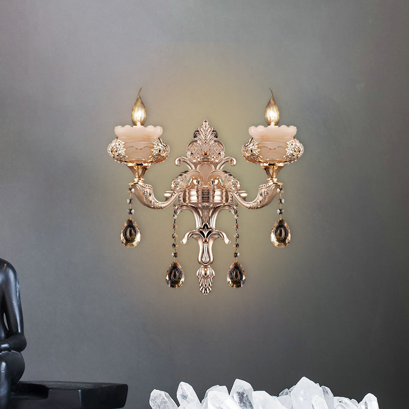 1/2-Head K9 Crystal Sconce Lamp Traditional Gold Candle Corridor Wall Lighting Fixture with Jade Saucer Clearhalo 'Wall Lamps & Sconces' 'Wall Lights' Lighting' 736877