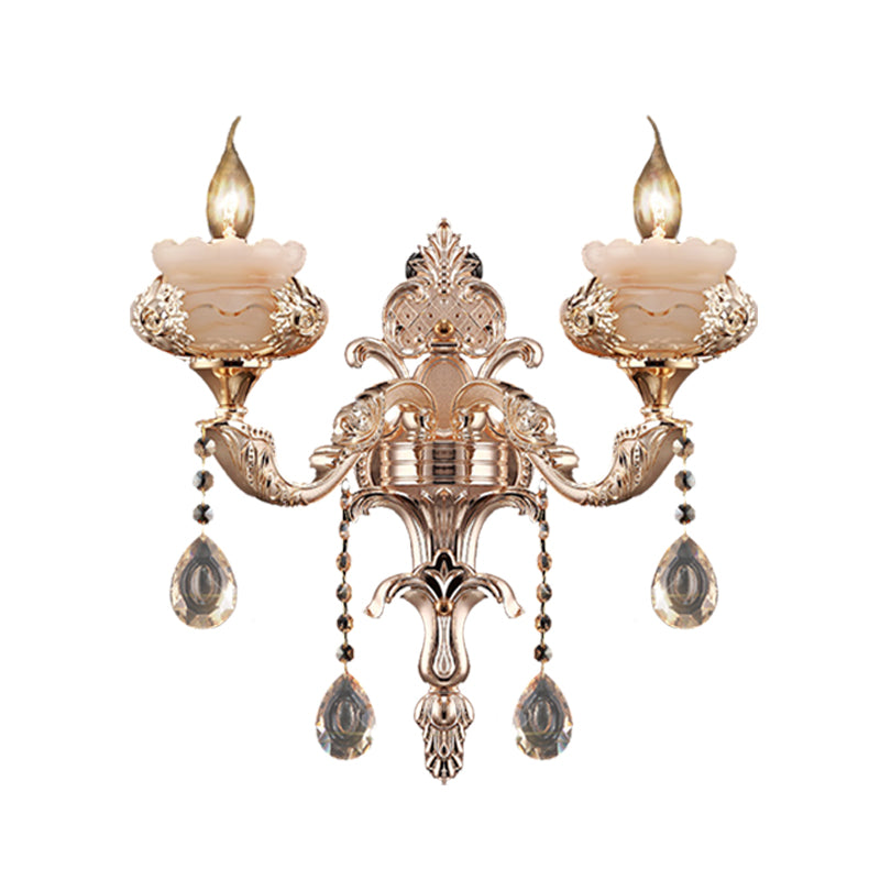 1/2-Head K9 Crystal Sconce Lamp Traditional Gold Candle Corridor Wall Lighting Fixture with Jade Saucer Clearhalo 'Wall Lamps & Sconces' 'Wall Lights' Lighting' 736878