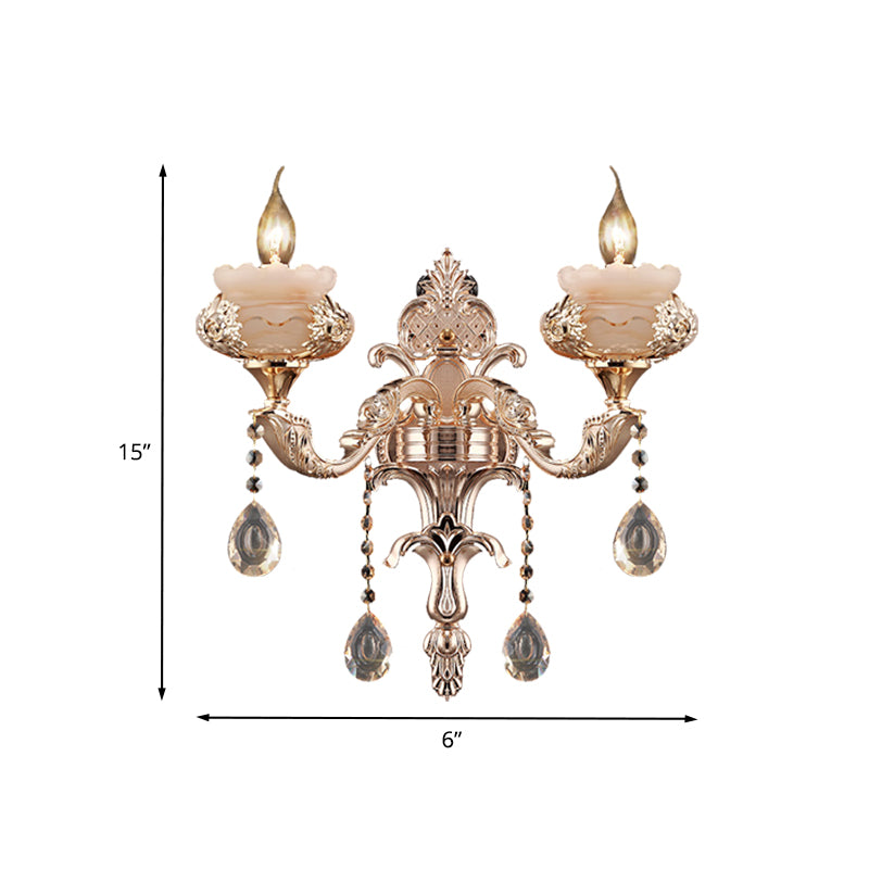 1/2-Head K9 Crystal Sconce Lamp Traditional Gold Candle Corridor Wall Lighting Fixture with Jade Saucer Clearhalo 'Wall Lamps & Sconces' 'Wall Lights' Lighting' 736879