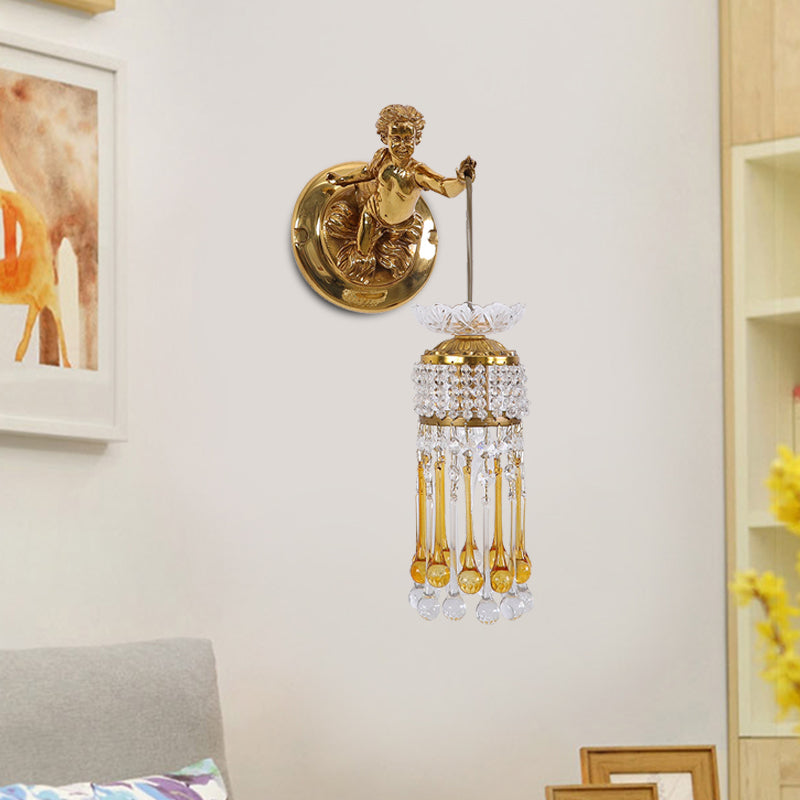 Teardrop Living Room Wall Lamp Traditionalist Clear and Amber Glass 1 Bulb Brass Wall Light with Crystal and Angel Design Brass Clearhalo 'Wall Lamps & Sconces' 'Wall Lights' Lighting' 736895