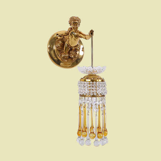 Teardrop Living Room Wall Lamp Traditionalist Clear and Amber Glass 1 Bulb Brass Wall Light with Crystal and Angel Design Clearhalo 'Wall Lamps & Sconces' 'Wall Lights' Lighting' 736897