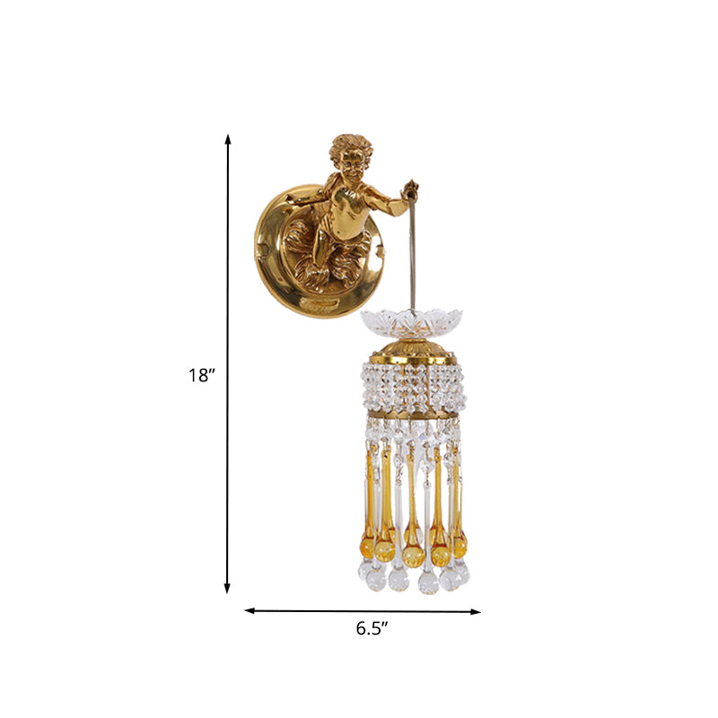 Teardrop Living Room Wall Lamp Traditionalist Clear and Amber Glass 1 Bulb Brass Wall Light with Crystal and Angel Design Clearhalo 'Wall Lamps & Sconces' 'Wall Lights' Lighting' 736898