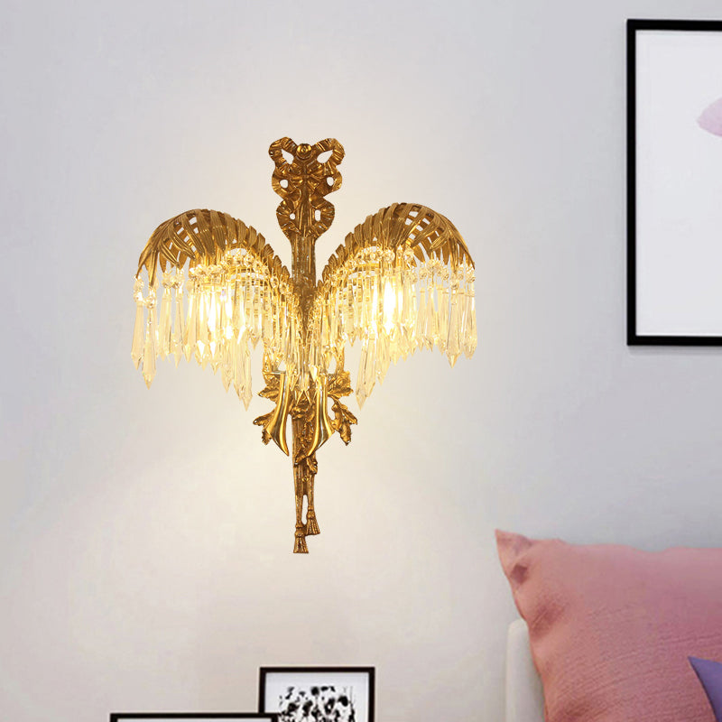 Brass 2 Heads Wall Light Sconce Vintage Metal Leaf Shape Wall Lighting Fixture with Clear Crystal Drop Clearhalo 'Wall Lamps & Sconces' 'Wall Lights' Lighting' 736900