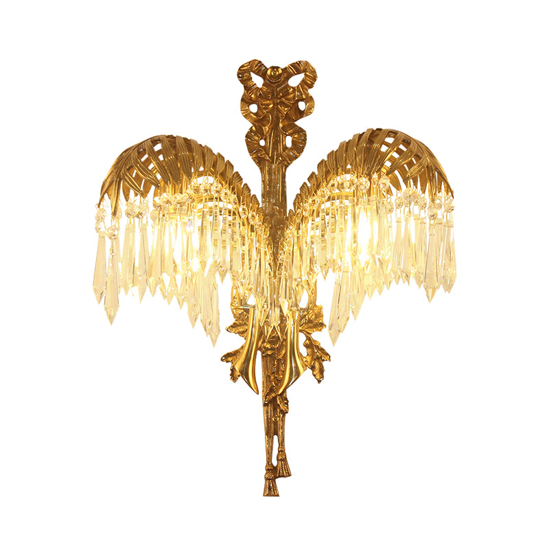 Brass 2 Heads Wall Light Sconce Vintage Metal Leaf Shape Wall Lighting Fixture with Clear Crystal Drop Clearhalo 'Wall Lamps & Sconces' 'Wall Lights' Lighting' 736901