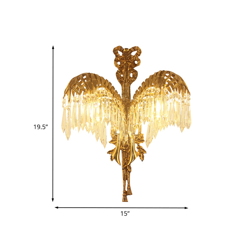 Brass 2 Heads Wall Light Sconce Vintage Metal Leaf Shape Wall Lighting Fixture with Clear Crystal Drop Clearhalo 'Wall Lamps & Sconces' 'Wall Lights' Lighting' 736902