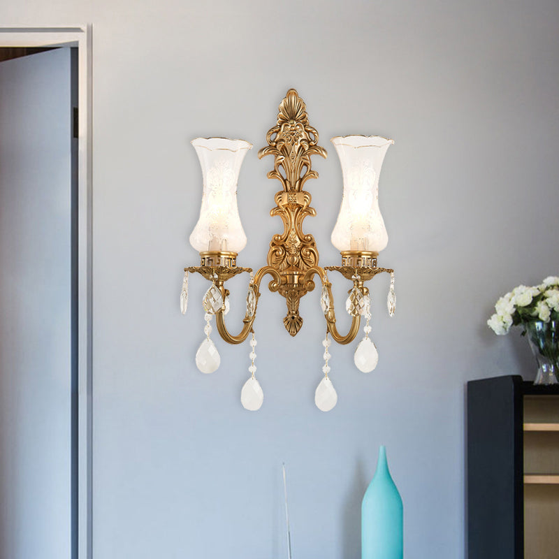 Clear Glass Vase Wall Sconce Light Vintage 2 Bulbs Living Room Wall Lamp in Brass with Dangling Crystal Brass Clearhalo 'Wall Lamps & Sconces' 'Wall Lights' Lighting' 736903