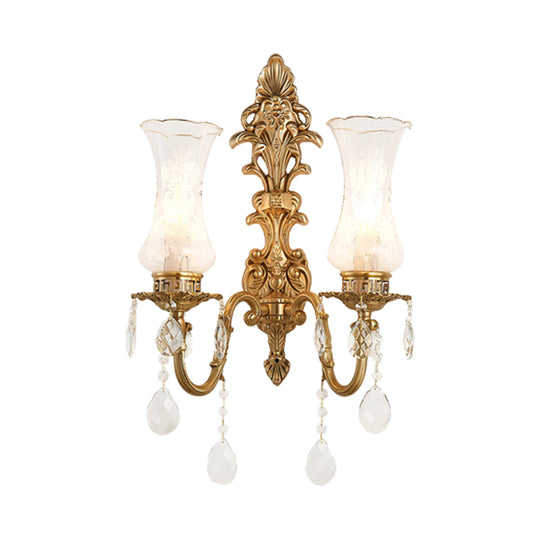 Clear Glass Vase Wall Sconce Light Vintage 2 Bulbs Living Room Wall Lamp in Brass with Dangling Crystal Clearhalo 'Wall Lamps & Sconces' 'Wall Lights' Lighting' 736904