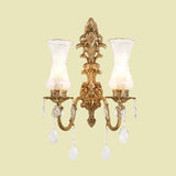 Clear Glass Vase Wall Sconce Light Vintage 2 Bulbs Living Room Wall Lamp in Brass with Dangling Crystal Clearhalo 'Wall Lamps & Sconces' 'Wall Lights' Lighting' 736905