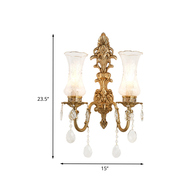 Clear Glass Vase Wall Sconce Light Vintage 2 Bulbs Living Room Wall Lamp in Brass with Dangling Crystal Clearhalo 'Wall Lamps & Sconces' 'Wall Lights' Lighting' 736906