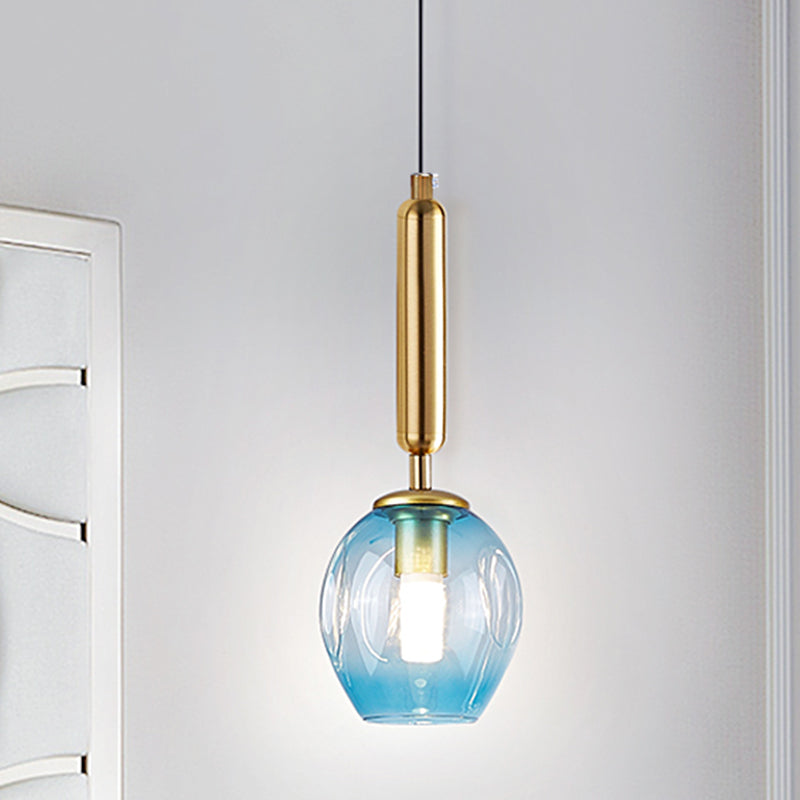 Tulip Bedside Hanging Lighting Blue/Smoke Gray Dimpled Glass 1 Light Modernist Pendant Lamp Fixture in Black/Gold Gold Blue Clearhalo 'Ceiling Lights' 'Glass shade' 'Glass' 'Modern Pendants' 'Modern' 'Pendant Lights' 'Pendants' Lighting' 736915