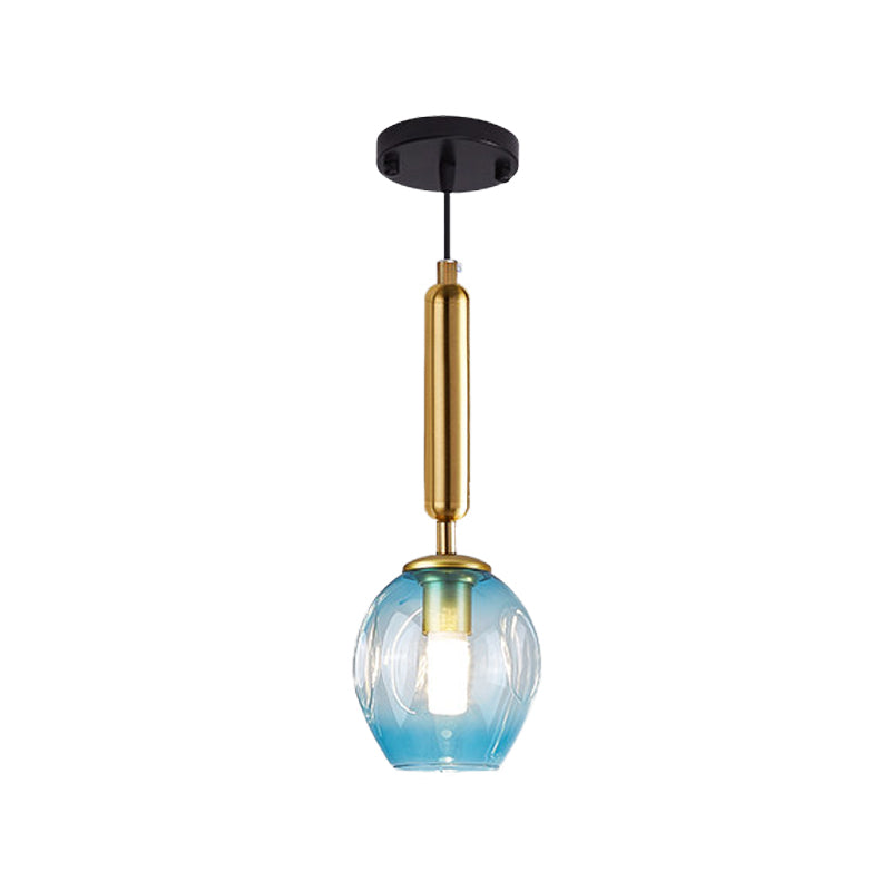 Tulip Bedside Hanging Lighting Blue/Smoke Gray Dimpled Glass 1 Light Modernist Pendant Lamp Fixture in Black/Gold Clearhalo 'Ceiling Lights' 'Glass shade' 'Glass' 'Modern Pendants' 'Modern' 'Pendant Lights' 'Pendants' Lighting' 736917