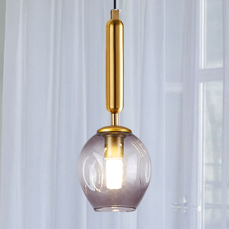 Tulip Bedside Hanging Lighting Blue/Smoke Gray Dimpled Glass 1 Light Modernist Pendant Lamp Fixture in Black/Gold Gold Smoke Grey Clearhalo 'Ceiling Lights' 'Glass shade' 'Glass' 'Modern Pendants' 'Modern' 'Pendant Lights' 'Pendants' Lighting' 736919