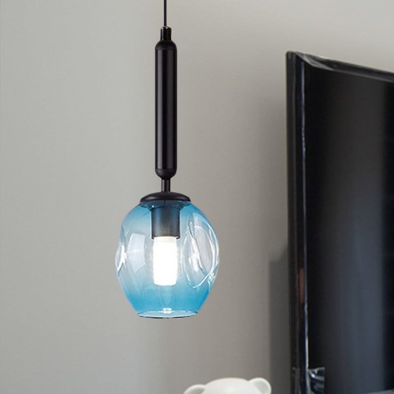 Tulip Bedside Hanging Lighting Blue/Smoke Gray Dimpled Glass 1 Light Modernist Pendant Lamp Fixture in Black/Gold Black Blue Clearhalo 'Ceiling Lights' 'Glass shade' 'Glass' 'Modern Pendants' 'Modern' 'Pendant Lights' 'Pendants' Lighting' 736923