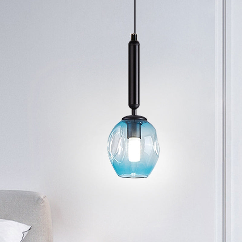 Tulip Bedside Hanging Lighting Blue/Smoke Gray Dimpled Glass 1 Light Modernist Pendant Lamp Fixture in Black/Gold Clearhalo 'Ceiling Lights' 'Glass shade' 'Glass' 'Modern Pendants' 'Modern' 'Pendant Lights' 'Pendants' Lighting' 736924