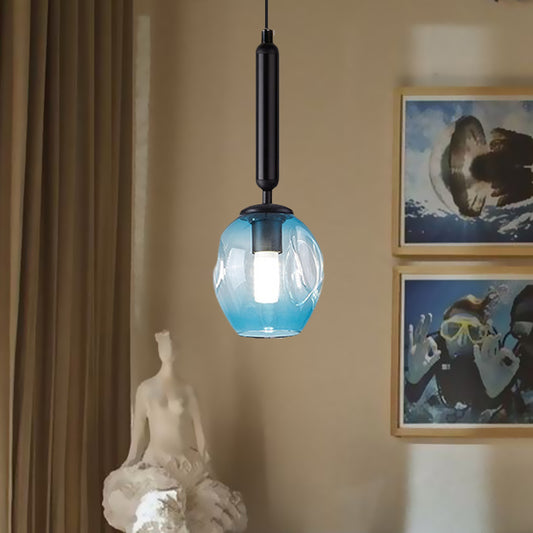 Tulip Bedside Hanging Lighting Blue/Smoke Gray Dimpled Glass 1 Light Modernist Pendant Lamp Fixture in Black/Gold Clearhalo 'Ceiling Lights' 'Glass shade' 'Glass' 'Modern Pendants' 'Modern' 'Pendant Lights' 'Pendants' Lighting' 736925