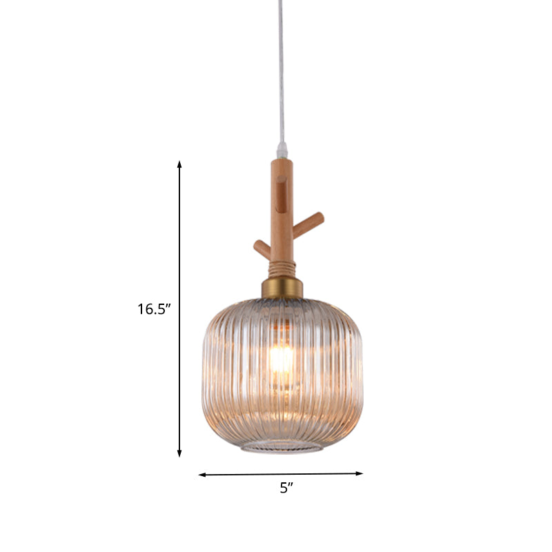 Modernism Drum Hanging Light Amber Ribbed Glass 1 Head Kitchen Island Ceiling Lamp with Wood Branch Top Clearhalo 'Ceiling Lights' 'Glass shade' 'Glass' 'Modern Pendants' 'Modern' 'Pendant Lights' 'Pendants' Lighting' 736935