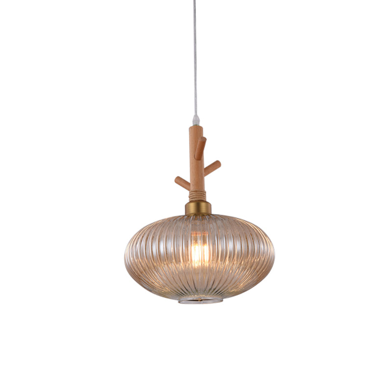 Amber Prismatic Glass Oval Pendant Modern 1 Bulb Suspension Lamp with Wooden Branch Cap Clearhalo 'Ceiling Lights' 'Glass shade' 'Glass' 'Modern Pendants' 'Modern' 'Pendant Lights' 'Pendants' Lighting' 736938