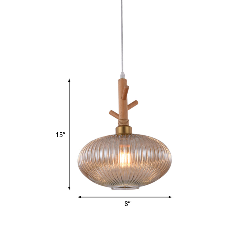 Amber Prismatic Glass Oval Pendant Modern 1 Bulb Suspension Lamp with Wooden Branch Cap Clearhalo 'Ceiling Lights' 'Glass shade' 'Glass' 'Modern Pendants' 'Modern' 'Pendant Lights' 'Pendants' Lighting' 736939