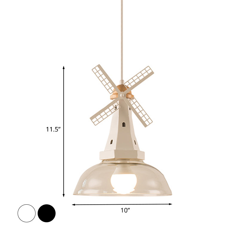 Windmill Ceiling Lighting Designer 1 Head Iron White/Black Hanging Lamp Fixture with Bowl Clear Glass Shade Clearhalo 'Ceiling Lights' 'Glass shade' 'Glass' 'Modern Pendants' 'Modern' 'Pendant Lights' 'Pendants' Lighting' 736984