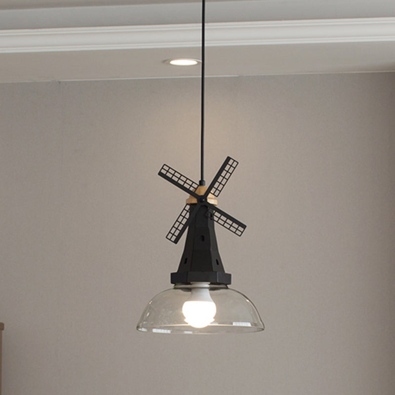 Windmill Ceiling Lighting Designer 1 Head Iron White/Black Hanging Lamp Fixture with Bowl Clear Glass Shade Clearhalo 'Ceiling Lights' 'Glass shade' 'Glass' 'Modern Pendants' 'Modern' 'Pendant Lights' 'Pendants' Lighting' 736986