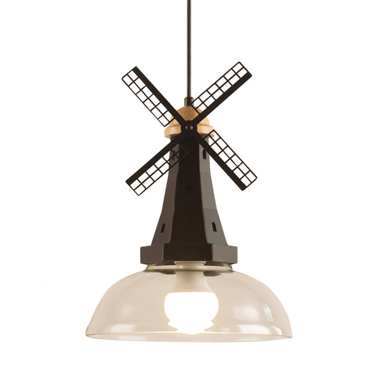 Windmill Ceiling Lighting Designer 1 Head Iron White/Black Hanging Lamp Fixture with Bowl Clear Glass Shade Clearhalo 'Ceiling Lights' 'Glass shade' 'Glass' 'Modern Pendants' 'Modern' 'Pendant Lights' 'Pendants' Lighting' 736987