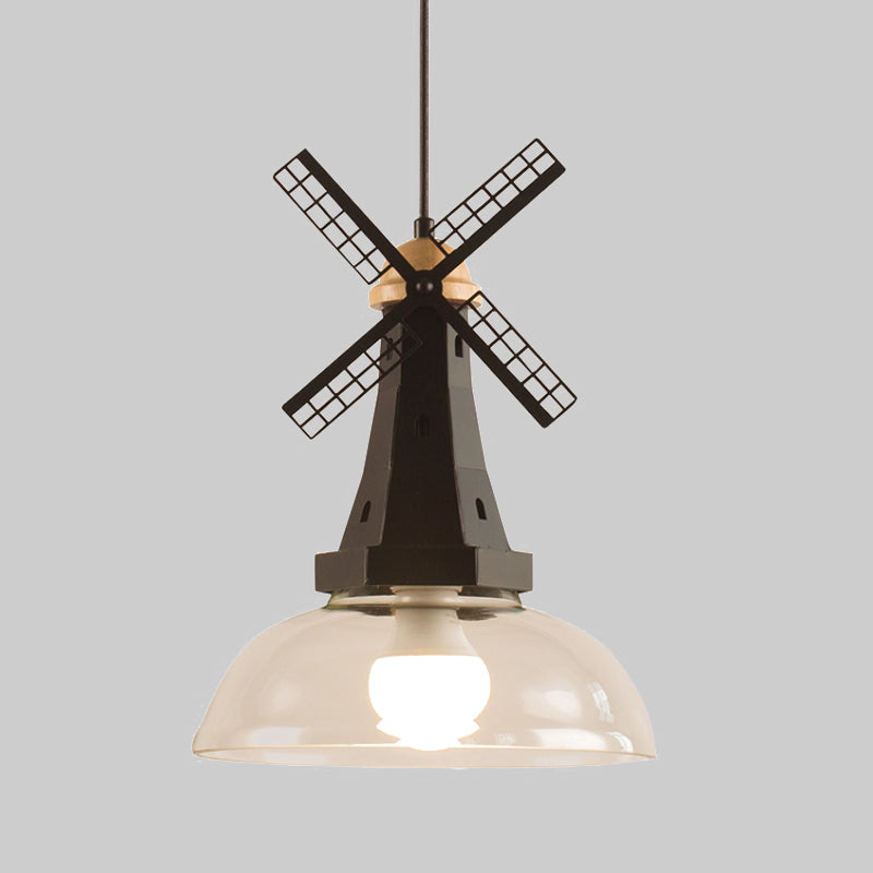 Windmill Ceiling Lighting Designer 1 Head Iron White/Black Hanging Lamp Fixture with Bowl Clear Glass Shade Clearhalo 'Ceiling Lights' 'Glass shade' 'Glass' 'Modern Pendants' 'Modern' 'Pendant Lights' 'Pendants' Lighting' 736988