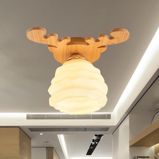 Modernism Honeycomb Flush Lighting White Glass 1-Head Hall Flush Mount Ceiling Lamp with Wood Antler Design White Clearhalo 'Ceiling Lights' 'Close To Ceiling Lights' 'Close to ceiling' 'Flush mount' Lighting' 737021