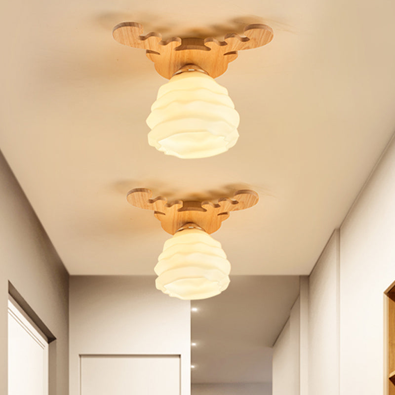 Modernism Honeycomb Flush Lighting White Glass 1-Head Hall Flush Mount Ceiling Lamp with Wood Antler Design Clearhalo 'Ceiling Lights' 'Close To Ceiling Lights' 'Close to ceiling' 'Flush mount' Lighting' 737022