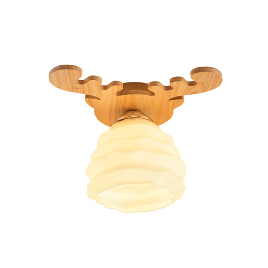 Modernism Honeycomb Flush Lighting White Glass 1-Head Hall Flush Mount Ceiling Lamp with Wood Antler Design Clearhalo 'Ceiling Lights' 'Close To Ceiling Lights' 'Close to ceiling' 'Flush mount' Lighting' 737023