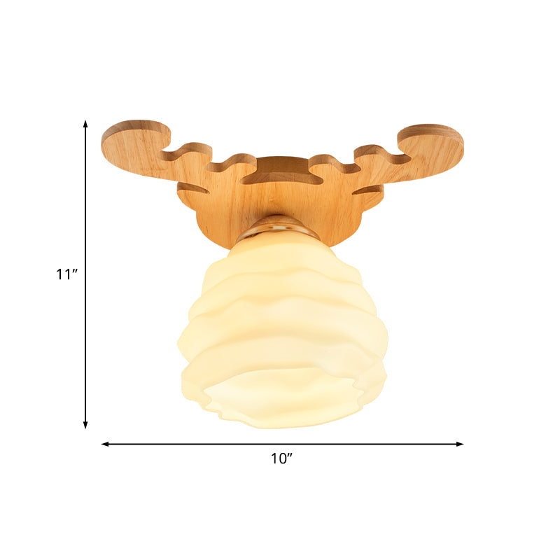 Modernism Honeycomb Flush Lighting White Glass 1-Head Hall Flush Mount Ceiling Lamp with Wood Antler Design Clearhalo 'Ceiling Lights' 'Close To Ceiling Lights' 'Close to ceiling' 'Flush mount' Lighting' 737024